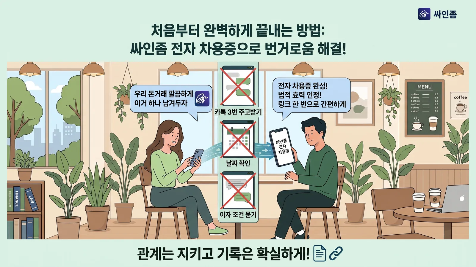처음부터 완벽하게 끝내는 방법 — 싸인좀 전자 차용증으로 카톡 링크 한 번에 서명 완료하는 일러스트