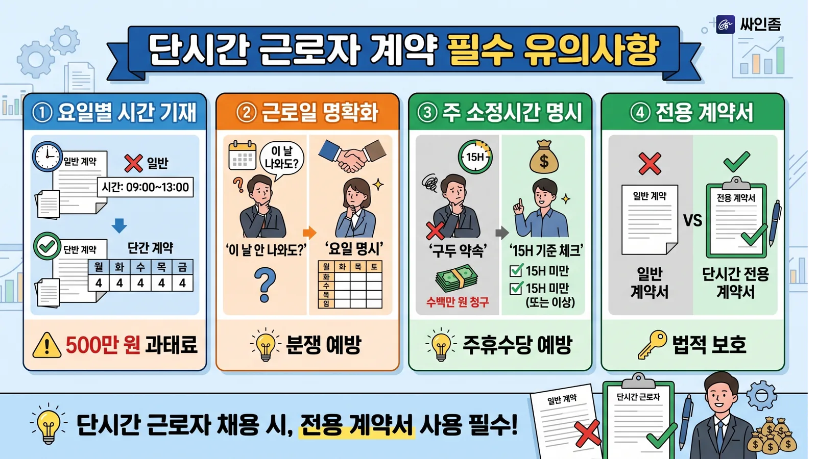 단시간 근로자 계약 필수 유의사항 4가지 — 요일별 근로시간 기재, 근로일 명확화, 주 소정근로시간 명시, 단시간 전용 계약서 사용 인포그래픽